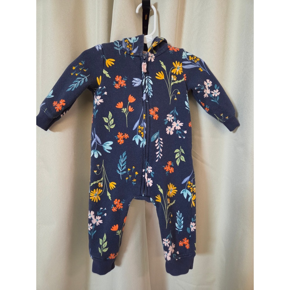Carters Baby Girls Navy Blue Floral Fleece Hooded Jumpsuit Romper 9M